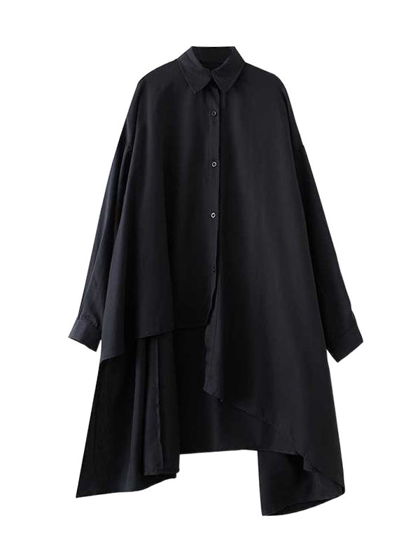 High-Low Long Sleeves Asymmetric Buttoned Solid Color Split-Joint Lapel Blouses&Shirts Tops