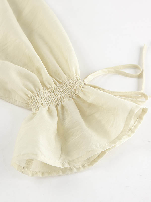 Long Sleeves Loose Ruffle Trim Solid Color Tied V-Neck Blouses&Shirts Tops + Elasticity Shorts Bottom Two Pieces Set