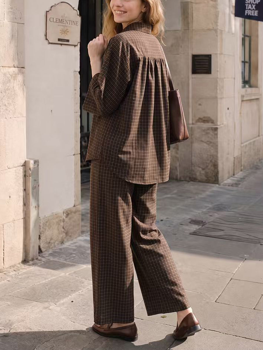 Solid Color Plain Flared Sleeves Buttoned Lapel Pleated Blouses&Shirts Tops + High Waisted Pockets Pants Trousers Two Pieces Set