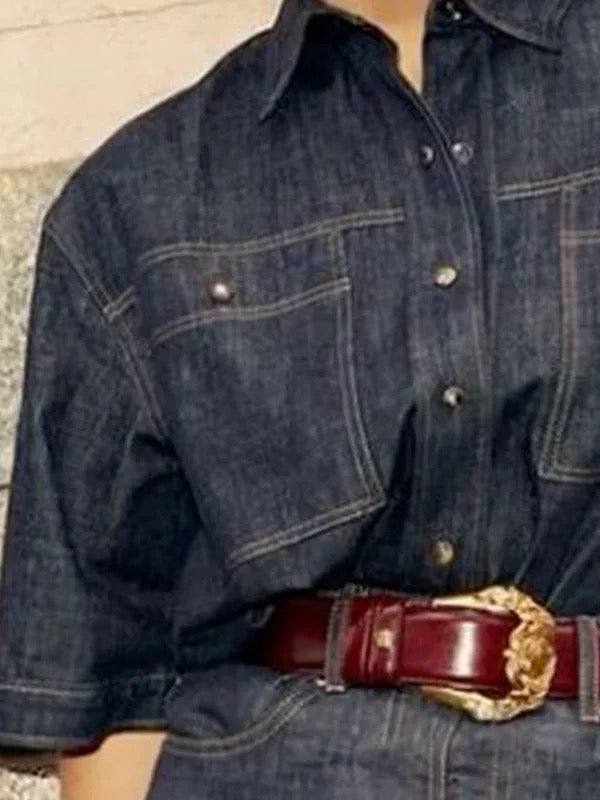 Half Sleeves Loose Buttoned Lapel Blouses&Shirts Tops