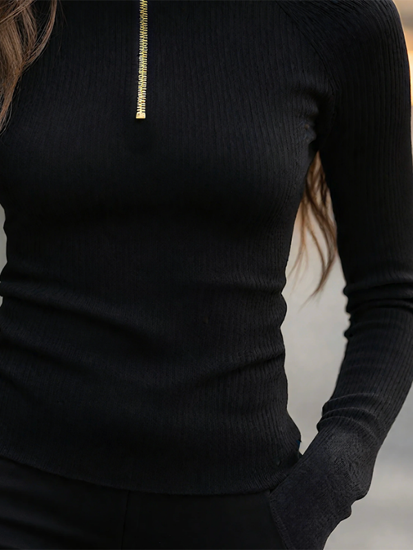 Long Sleeves Skinny Solid Color Zipper High Neck Pullovers