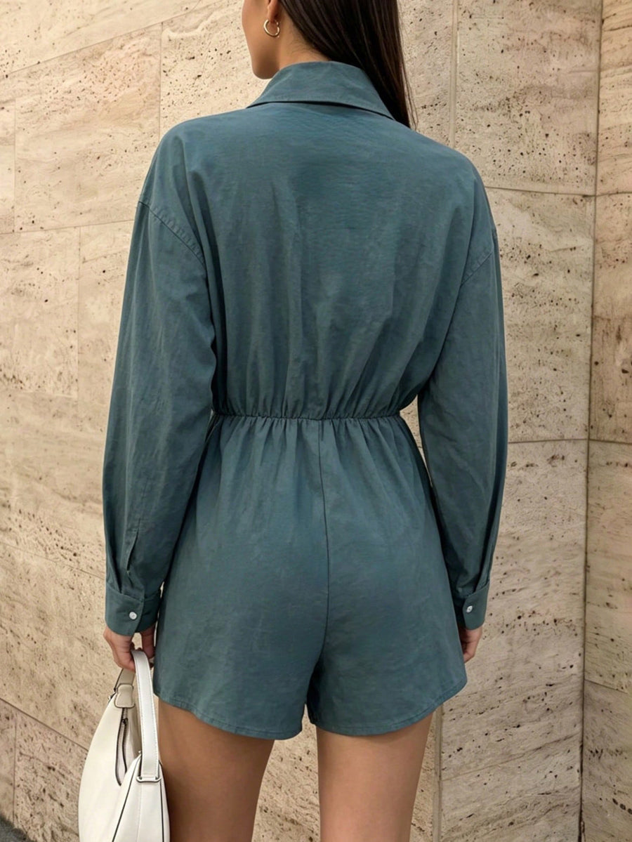 Solid Color Pockets Elasticity Buttoned Wide Leg Long Sleeves Lapel Rompers