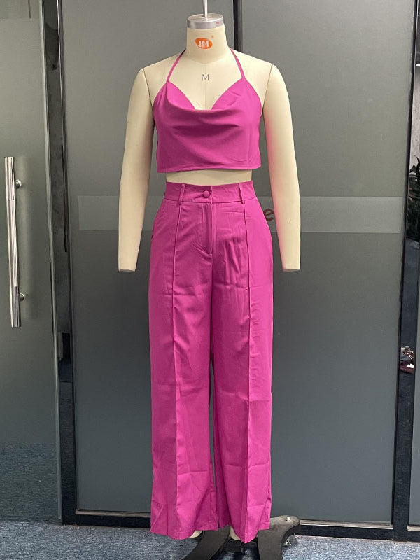 Loose Solid Color V-Neck Vest Top + High Waisted Pants Bottom Two Pieces Set