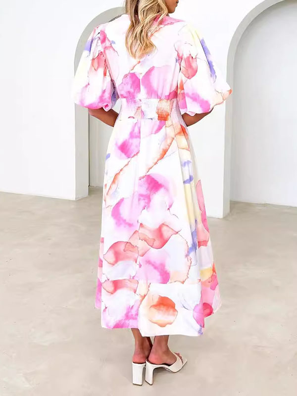 A-Line High Waisted Flower Print Pleated Split-Joint Zipper V-Neck Maxi Dresses