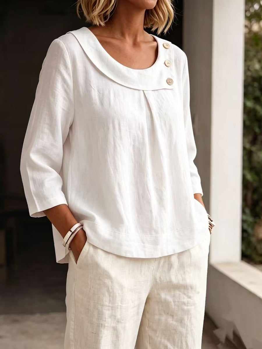 Split-Joint Solid Color Pleated Buttoned Asymmetric Loose Long Sleeves U-neck Blouses&shirts Tops