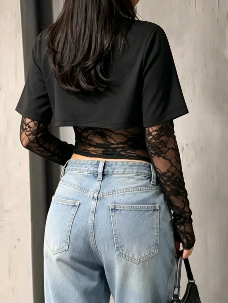 Split-Joint Solid Color Long Sleeves False Two Round-neck Blouses&shirts Tops