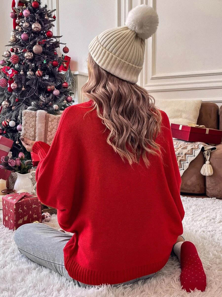 Long Sleeves Loose Contrast Color Printed Split-Joint High Neck Sweater Tops