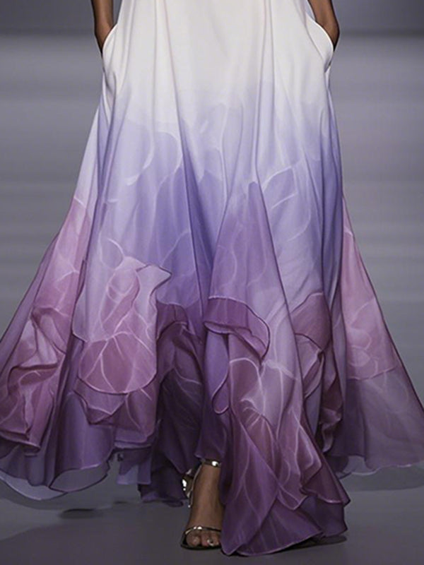 A-Line Loose Floral Printed Gradient Split-Joint V-Neck Maxi Dresses