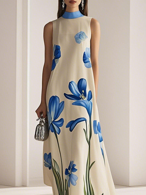 Loose Sleeveless Flower Print Mock Neck Maxi Dresses