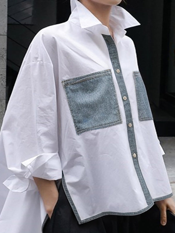 A-Line High-Low Buttoned Contrast Color Pockets Split-Side Stand Collar Blouses&Shirts Tops