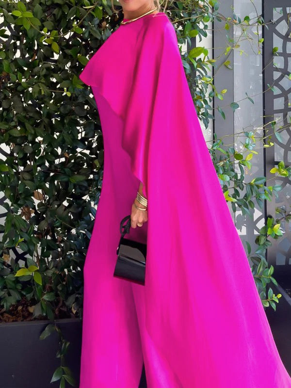 Cape Loose Pockets Solid Color Round-Neck Jumpsuits