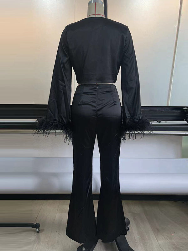Long Sleeves Fringed Knot Solid Color Deep V-Neck Shirts Top + High Waisted Split-Front Pants Bottom Two Pieces Set