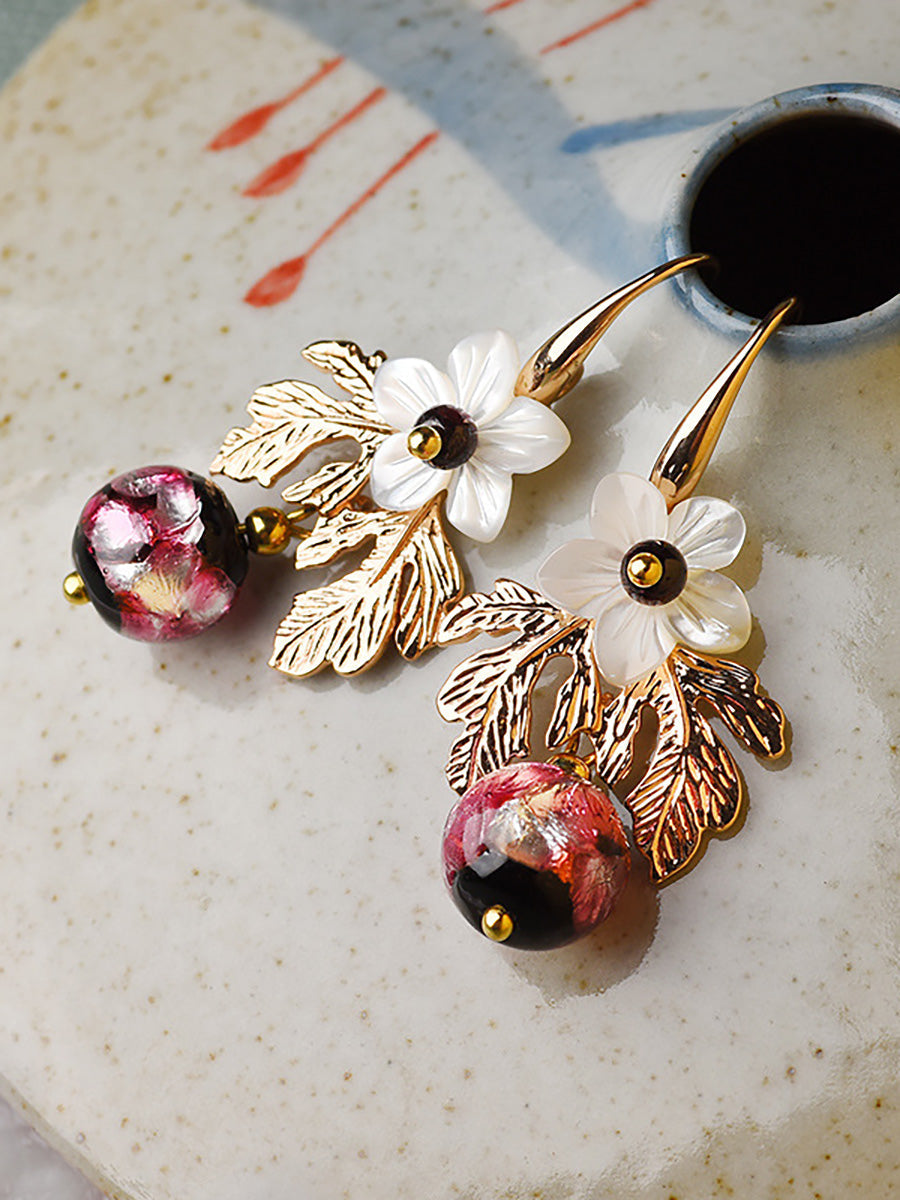 Women Shell Retro Pearl Flower Earrings