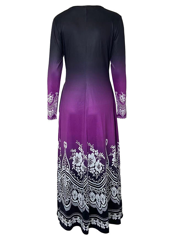Long Sleeves Contrast Color Floral Printed Round-neck Maxi Dresses