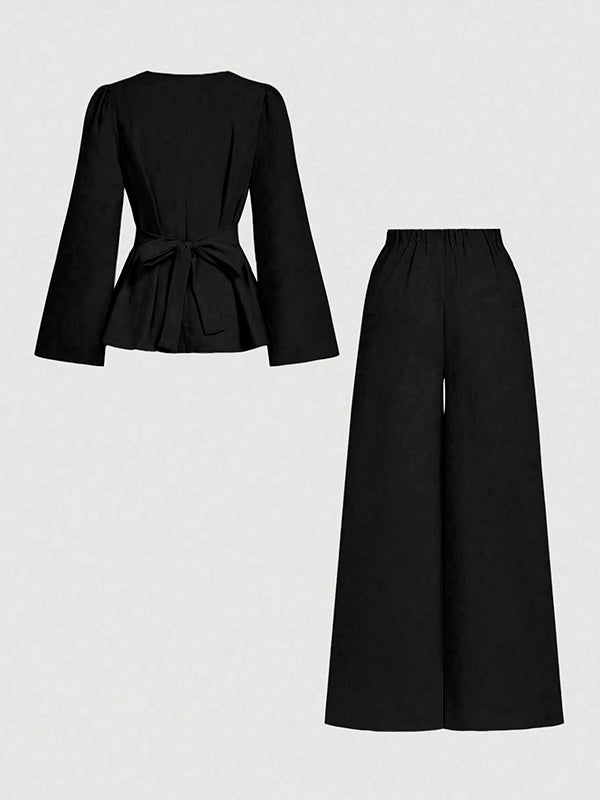 Long Sleeves Solid Color Split-Joint Tied Waist V-Neck Blouses&Shirts Tops