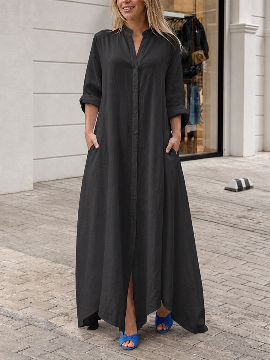 Solid Color Pockets Buttoned Loose Long Sleeves Lapel Maxi Dresses