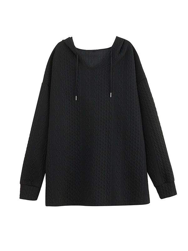 Hooded Long Sleeves Drawstring Jacquard Solid Color Split-Joint Hoodies Tops