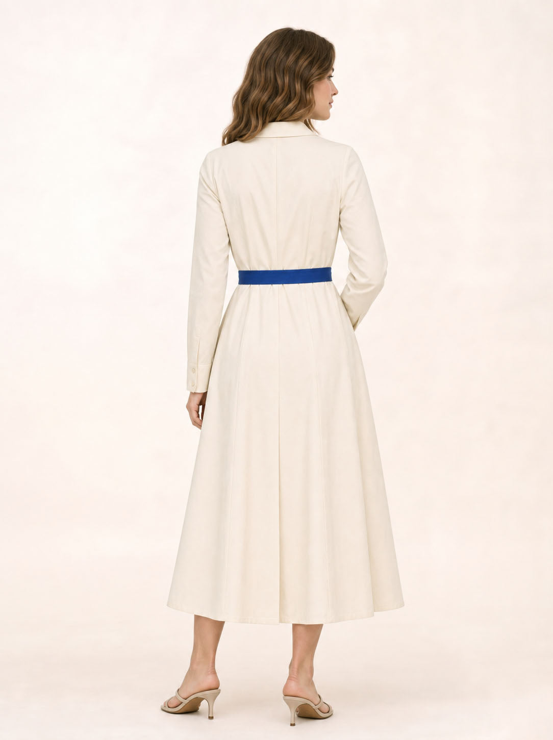 Solid Color Pockets Pleated Buttoned Belted Asymmetric Long Sleeves Lapel Shirt Dress Midi Dresses