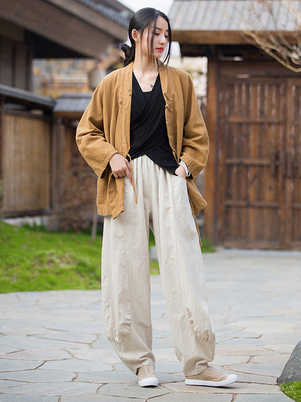 7 Colors Casual Wide Leg High Waisted Solid Color Linen Pants