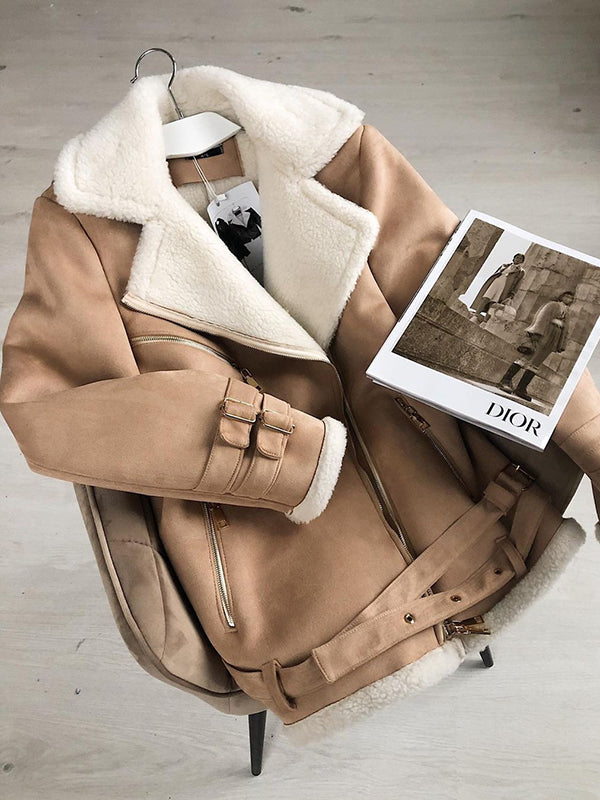 Long Sleeves Loose Buckle Keep Warm Pockets Split-Joint Velvet Zipper Notched Collar Outerwear