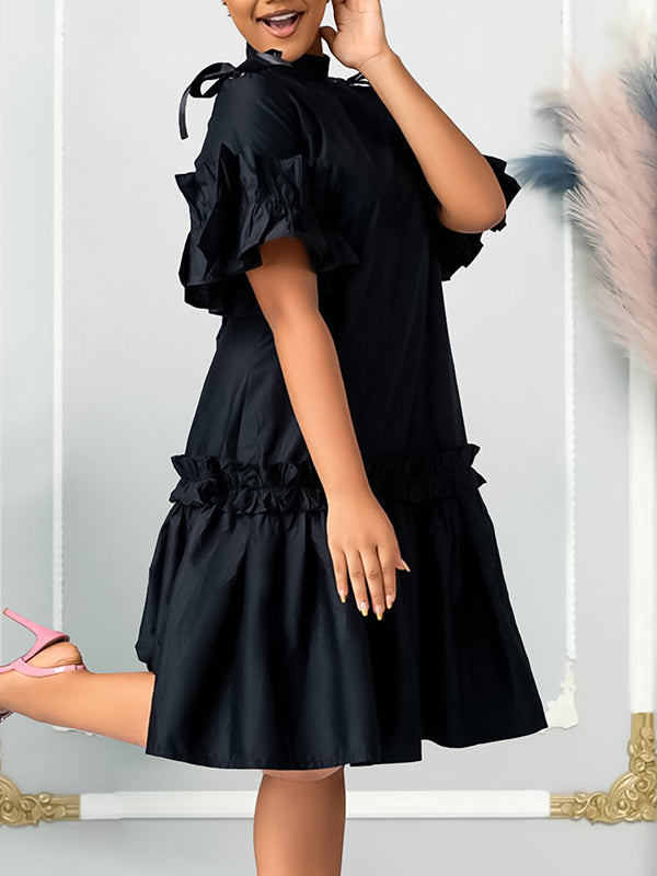 A-Line Half Sleeves Pleated Solid Color Split-Joint Zipper Mock Neck Midi Dresses