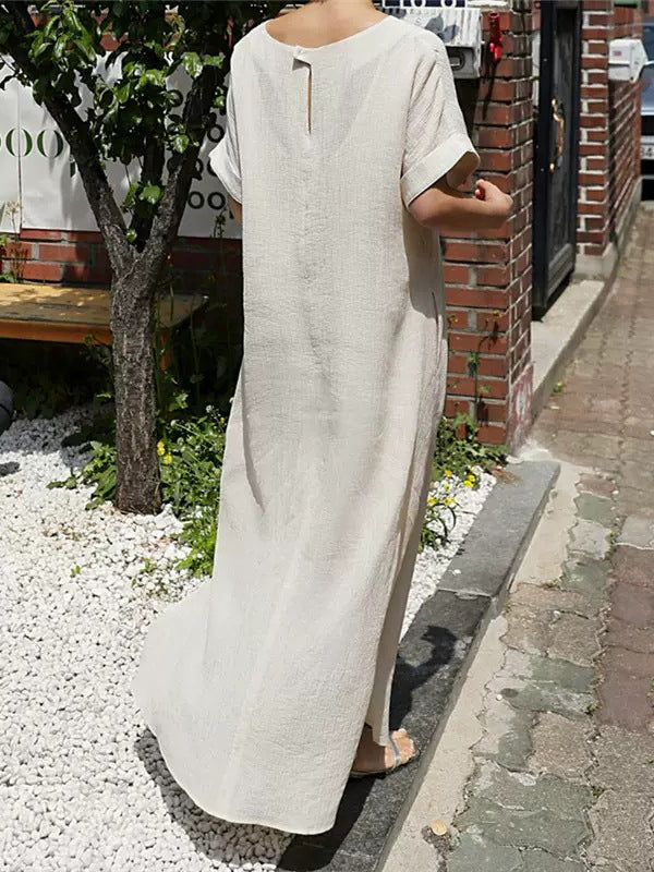 A-Line Loose Hollow Solid Color Split-Side Tied Waist V-Neck Midi Dresses