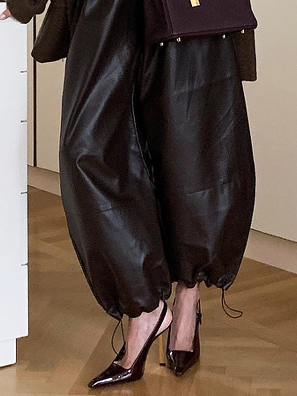 High Waisted Loose Drawstring Elasticity Solid Color Split-Joint Pants Trousers