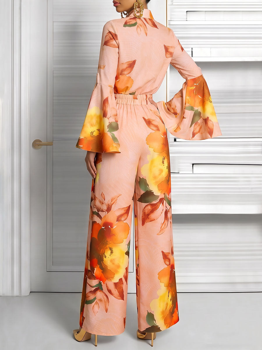 Pleated Flower Print Contrast Color Long Sleeves Flared Sleeves V-neck Blouses&shirts Tops