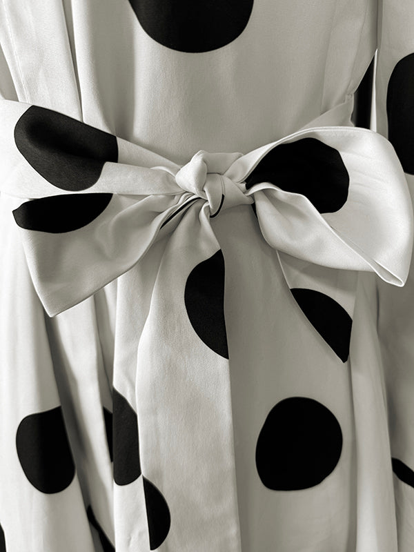 A-Line High Waisted Belted Lace-Up Pockets Polka Dot Split-Joint Stand Collar Maxi Dresses