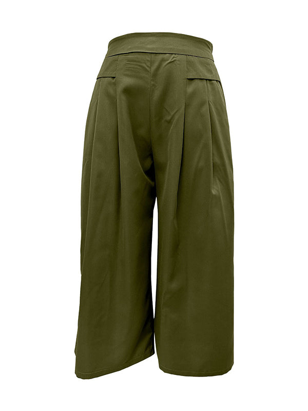 Flared Pants High Waisted Pleated Pockets Solid Color Split-Joint Ninth Pants Trousers