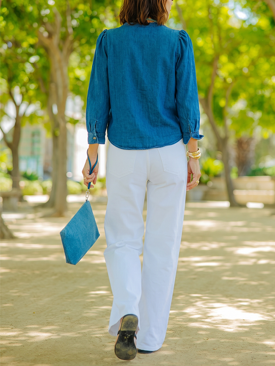 Solid Color Ruffle Trim Buttoned Three-quarter Sleeves Loose Round-neck Blouses&shirts Tops