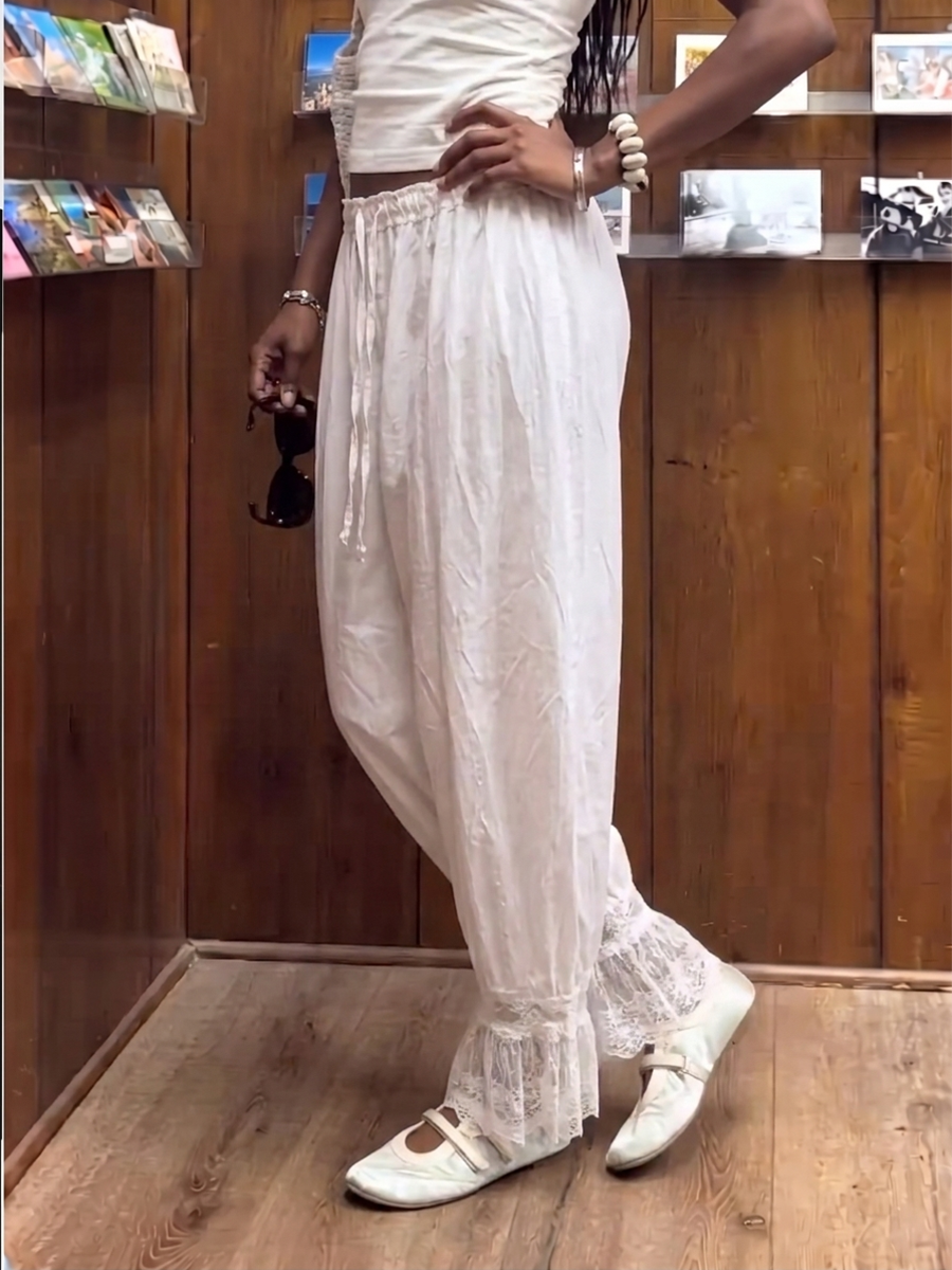Split-Joint Solid Color See-Through Pockets Elasticity Drawstring High Waisted Trousers Pants