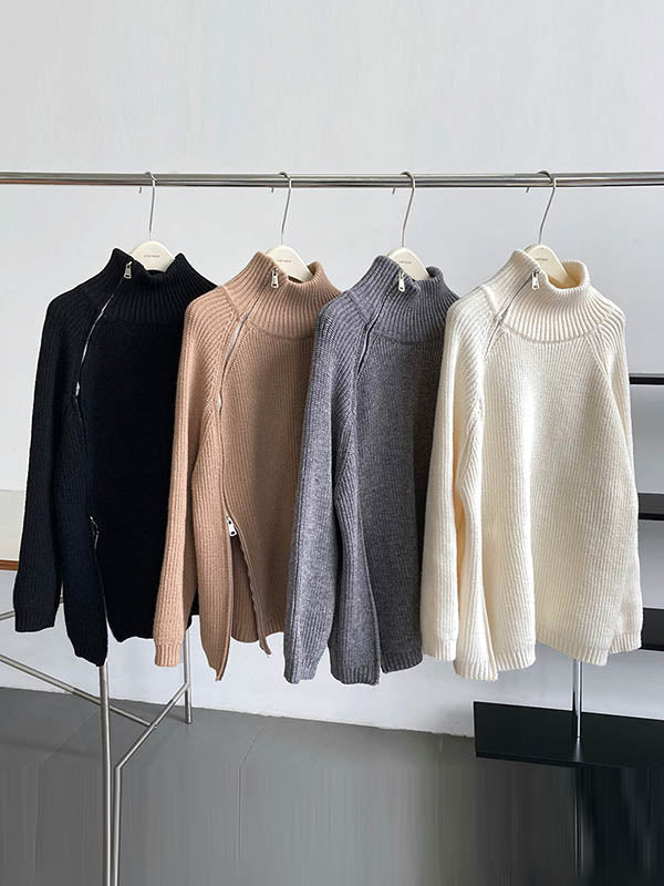 Long Sleeves Loose Split-Joint Split-Side Zipper High Neck Sweater Tops