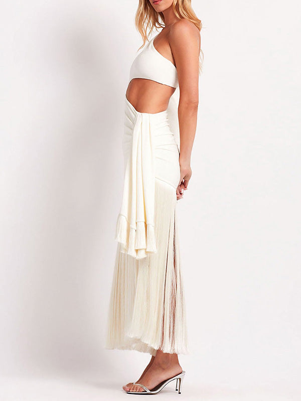 Bodycon Sleeveless Pleated Solid Color Tasseled One-Shoulder Maxi Dresses
