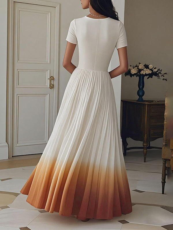 A-Line High Waisted Gradient Pleated Zipper V-Neck Maxi Dresses