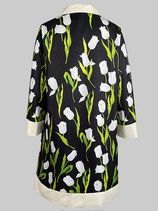 A-line Loose Buttoned Flower Print Stand Collar Mini Dresses