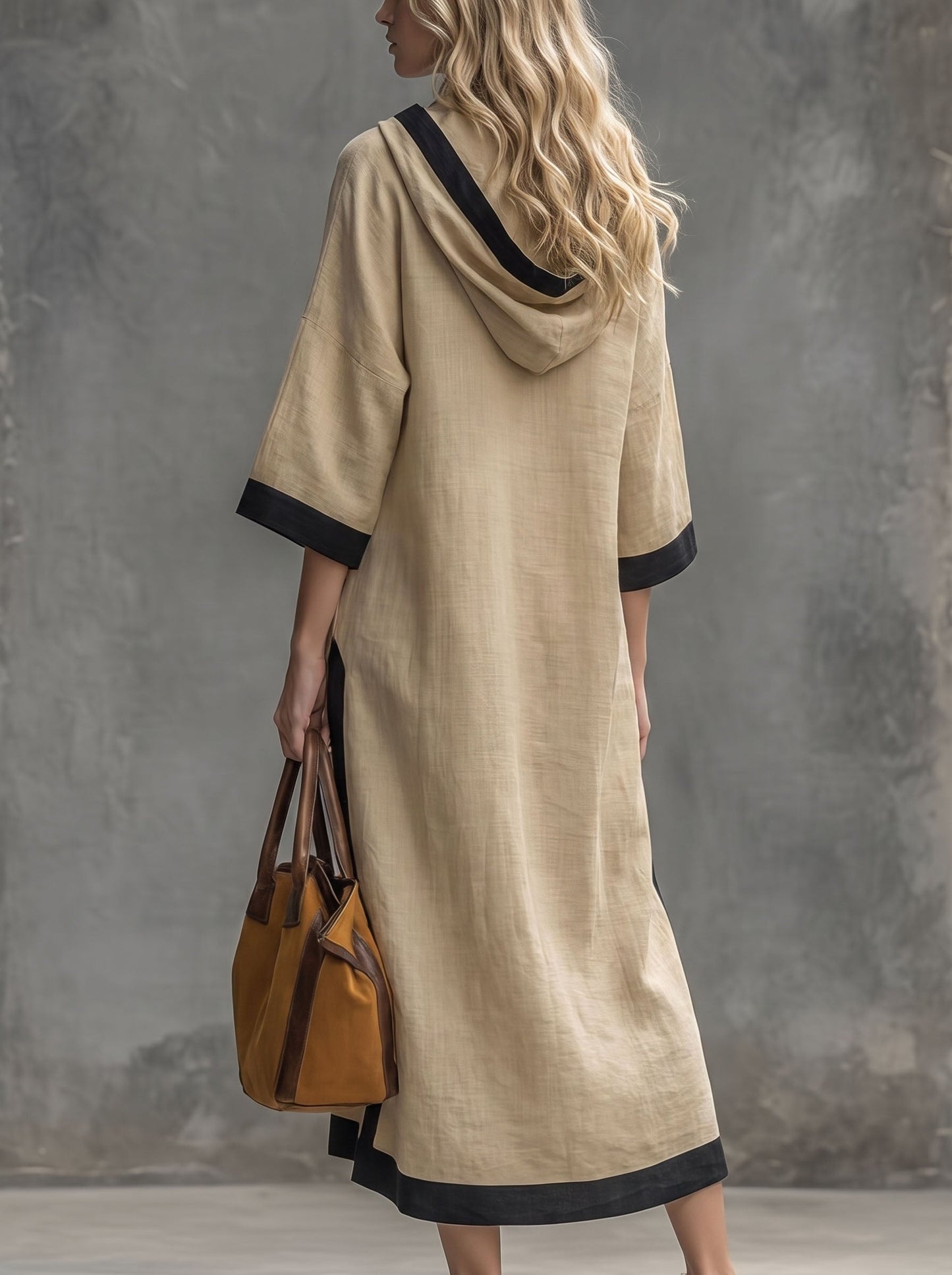 Pockets Drawstring Contrast Color Three-quarter Sleeves Loose Hooded Midi Dresses