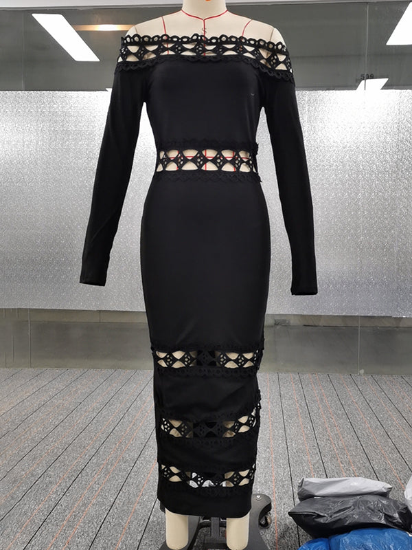 Bodycon Long Sleeves Hollow Solid Color Split-Joint Off-The-Shoulder Midi Dresses