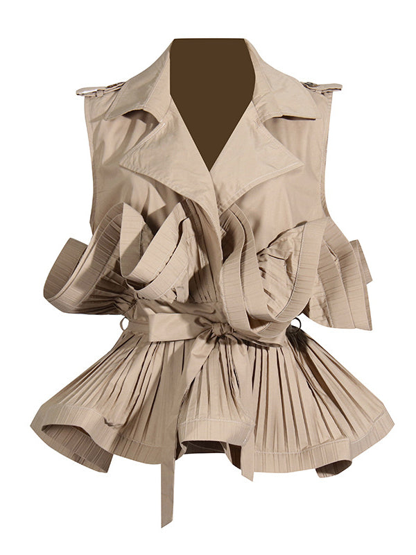 Loose Sleeveless Buttoned Pleated Ruffled Solid Color Tied Waist Notched Collar Blouses&Shirts Tops