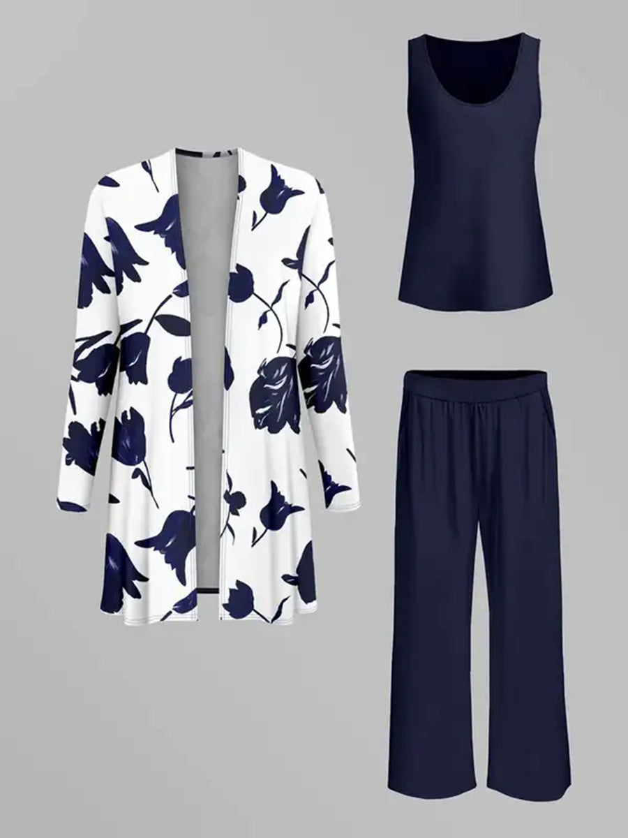 Solid Color Round-neck Sleeveless Tank Top+ Contrast Color Flower Print Outerwear +High Waisted Pockets Pants Trousers Three Pieces Set