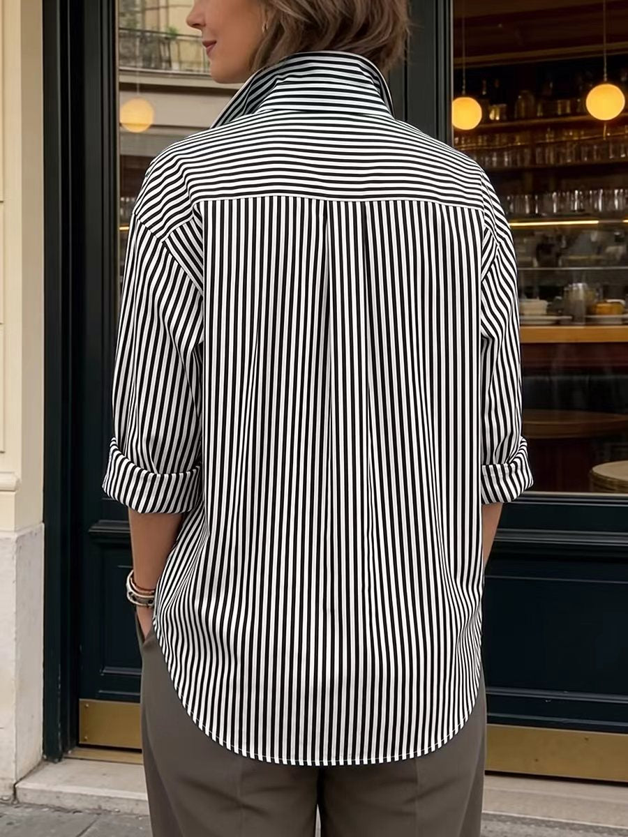 Striped Split-Joint Contrast Color Buttoned Loose Long Sleeves Lapel Blouses&shirts Tops