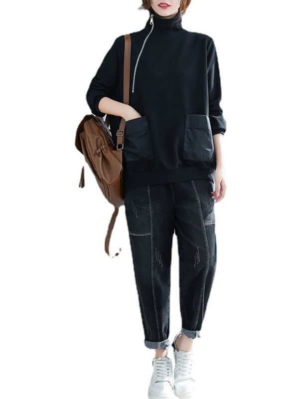 Artistic Retro Loose Zipper High-Neck Long Sleeves Sweatshirt Top