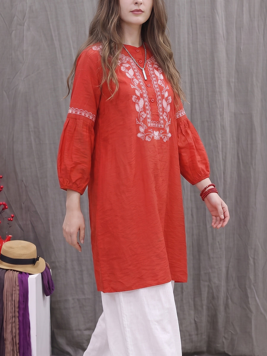 Printed Contrast Color Buttoned Three-quarter Sleeves Plus Size Round-neck Blouses&shirts Tops