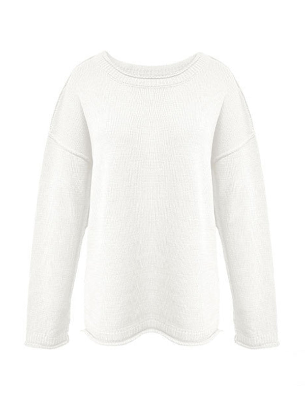 Long Sleeves Loose Solid Color Split-Joint Round-Neck Sweater Tops
