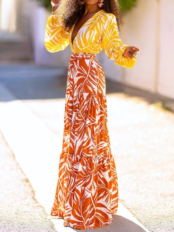 High Waisted Loose Layered Leaves Print Skirts Bottoms