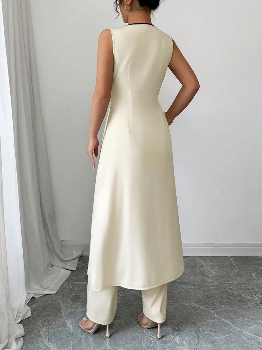 Sleeveless Deep V-Neck Tied Contrast Color Blouses&shirts Tops + Wide Leg Trousers Pants Two Pieces Set