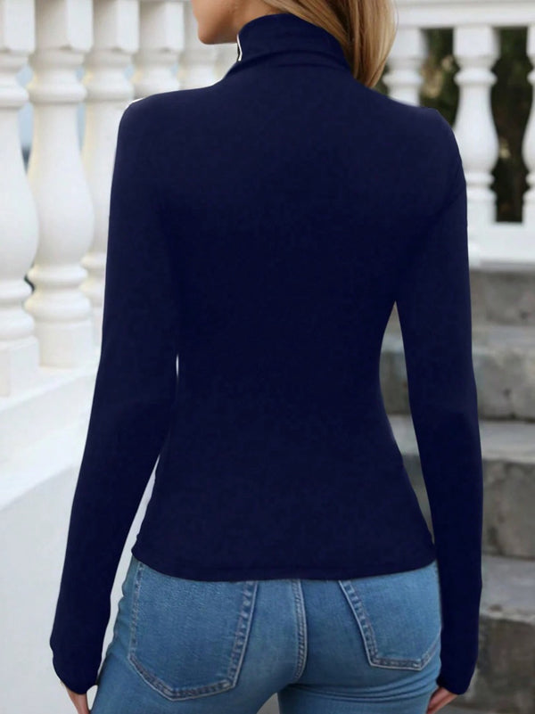 Long Sleeves Skinny Solid Color High Neck T-Shirts Tops