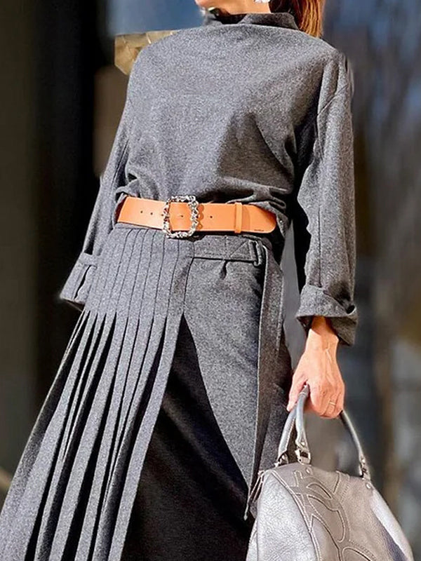 Solid Color Loose Top + Asymmetric Pleated Split-Joint Skirt Two Pieces Set