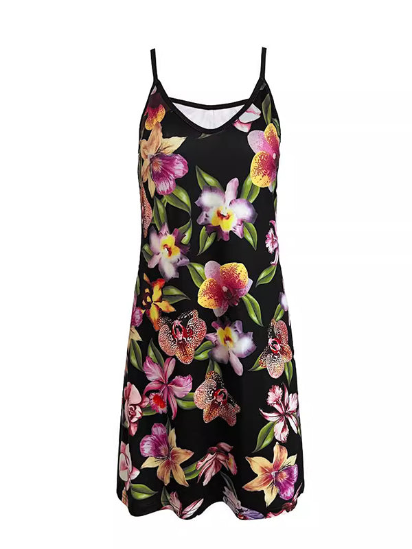 Loose Sleeveless Flower Print Spaghetti-Neck Mini Dresses