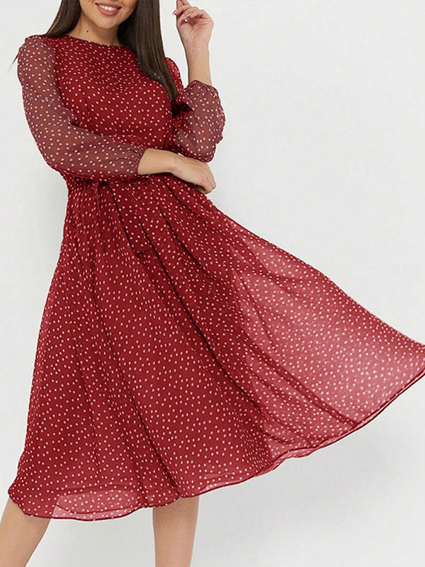 A-Line High Waisted Polka-Dot Tied Waist Round-Neck Midi Dresses